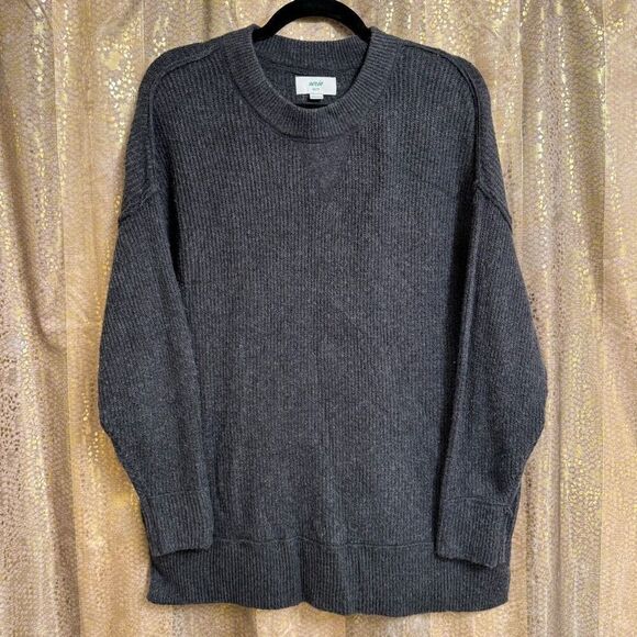 Aerie Dark Gray Oversized Ribbed Knit Drop Shoulder Crewneck Sweater XS - Picture 1 of 6